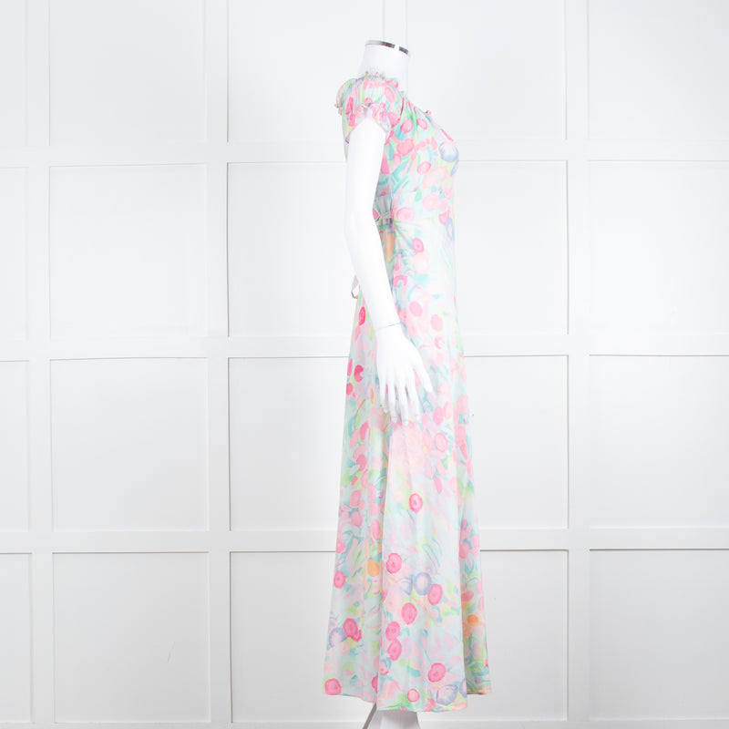 Rixo London Pale Green Pink Blue Silk Print Maxi Dress