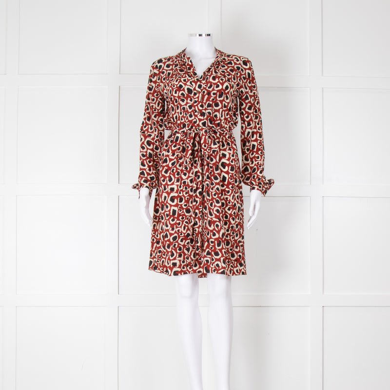 Gucci Rusty Brown Cream Silk Long Sleeve Belted Short Dress