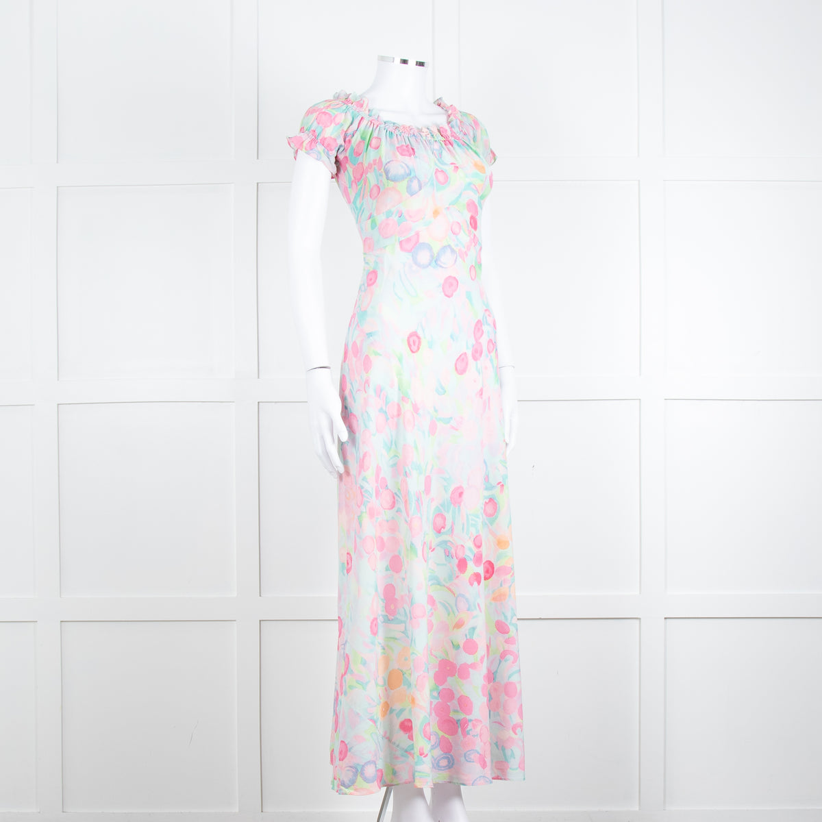 Rixo London Pale Green Pink Blue Silk Print Maxi Dress