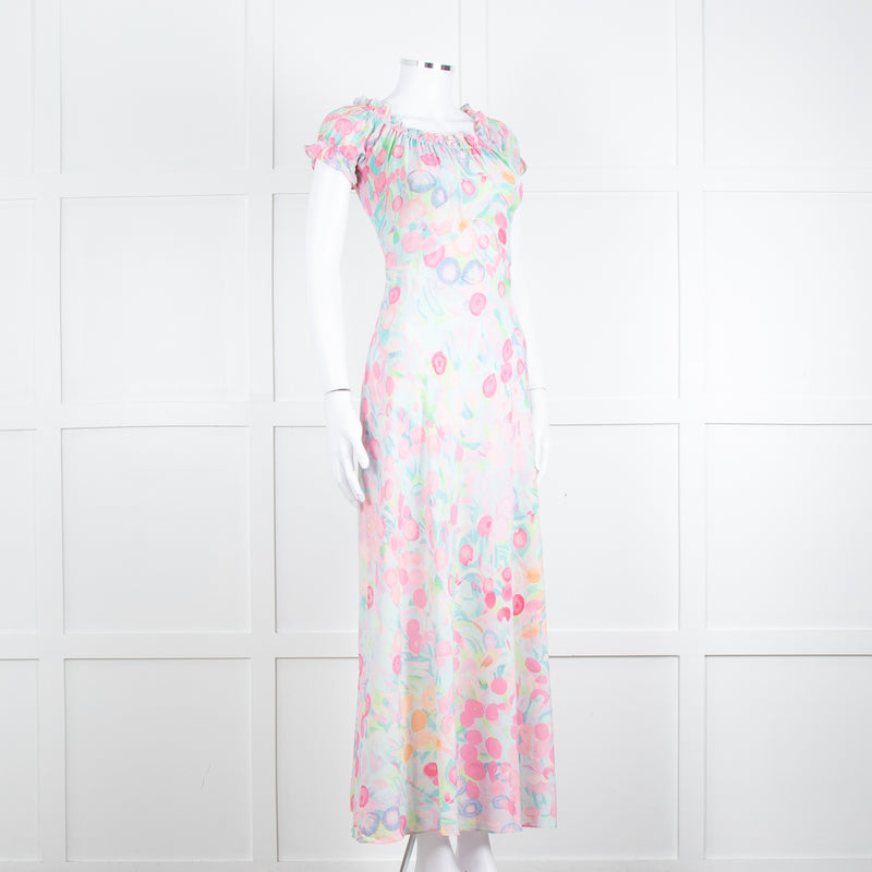 Rixo London Pale Green Pink Blue Silk Print Maxi Dress