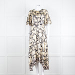 Rebecca Taylor Black Cream Floral Short Sleeves Silk Midi Dress