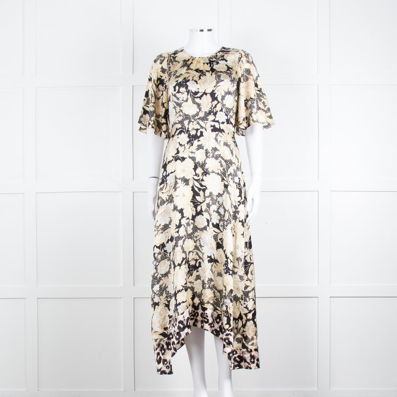 Rebecca Taylor Black Cream Floral Short Sleeves Silk Midi Dress