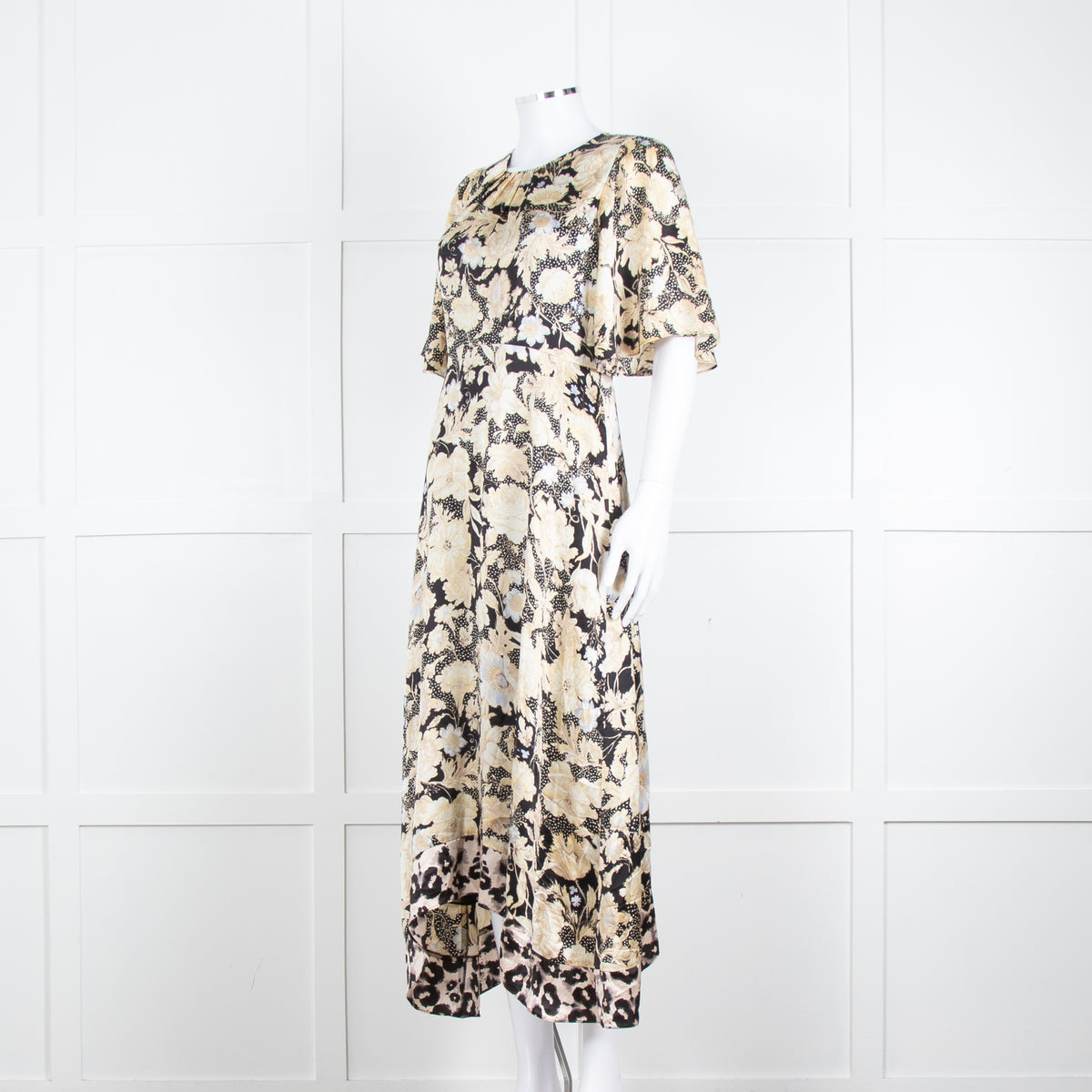 Rebecca Taylor Black Cream Floral Short Sleeves Silk Midi Dress