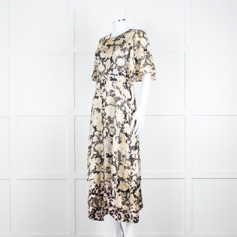 Rebecca Taylor Black Cream Floral Short Sleeves Silk Midi Dress