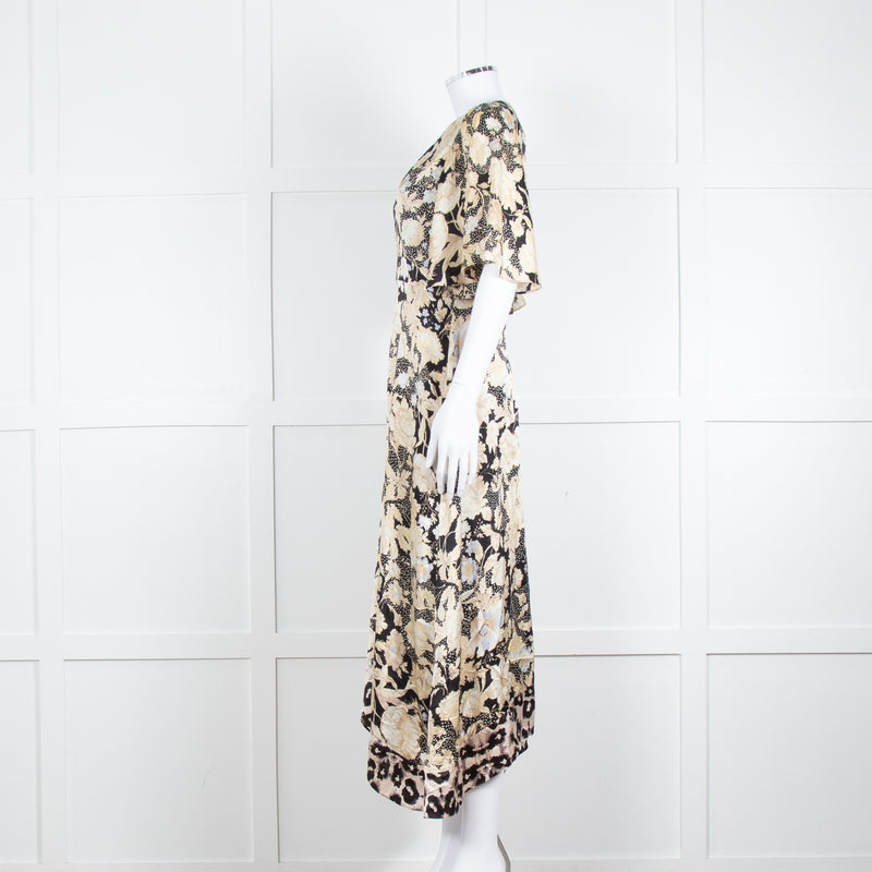 Rebecca Taylor Black Cream Floral Short Sleeves Silk Midi Dress