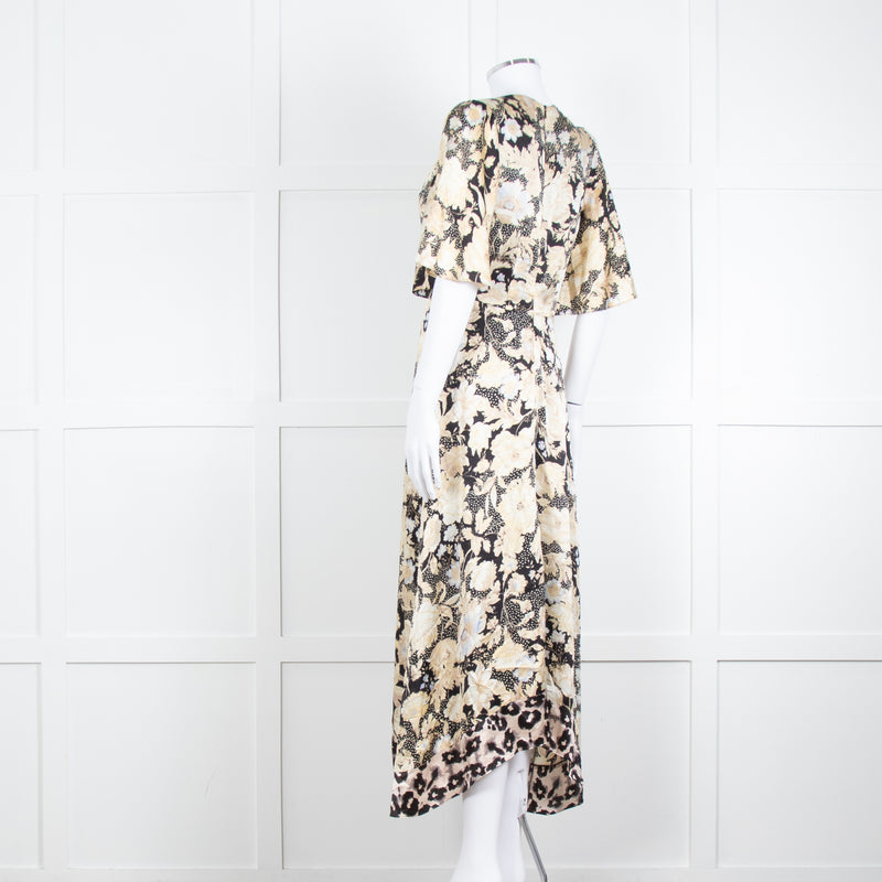 Rebecca Taylor Black Cream Floral Short Sleeves Silk Midi Dress