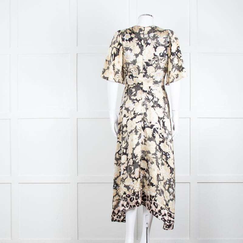 Rebecca Taylor Black Cream Floral Short Sleeves Silk Midi Dress