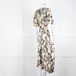 Rebecca Taylor Black Cream Floral Short Sleeves Silk Midi Dress