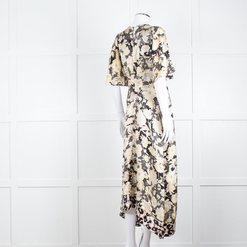 Rebecca Taylor Black Cream Floral Short Sleeves Silk Midi Dress