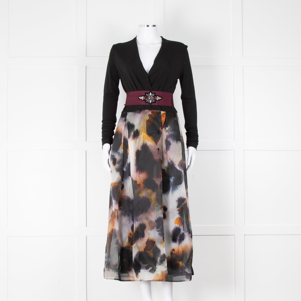 Sara Roka Black White Orange Print Organza Embellished Belt Midi Dress