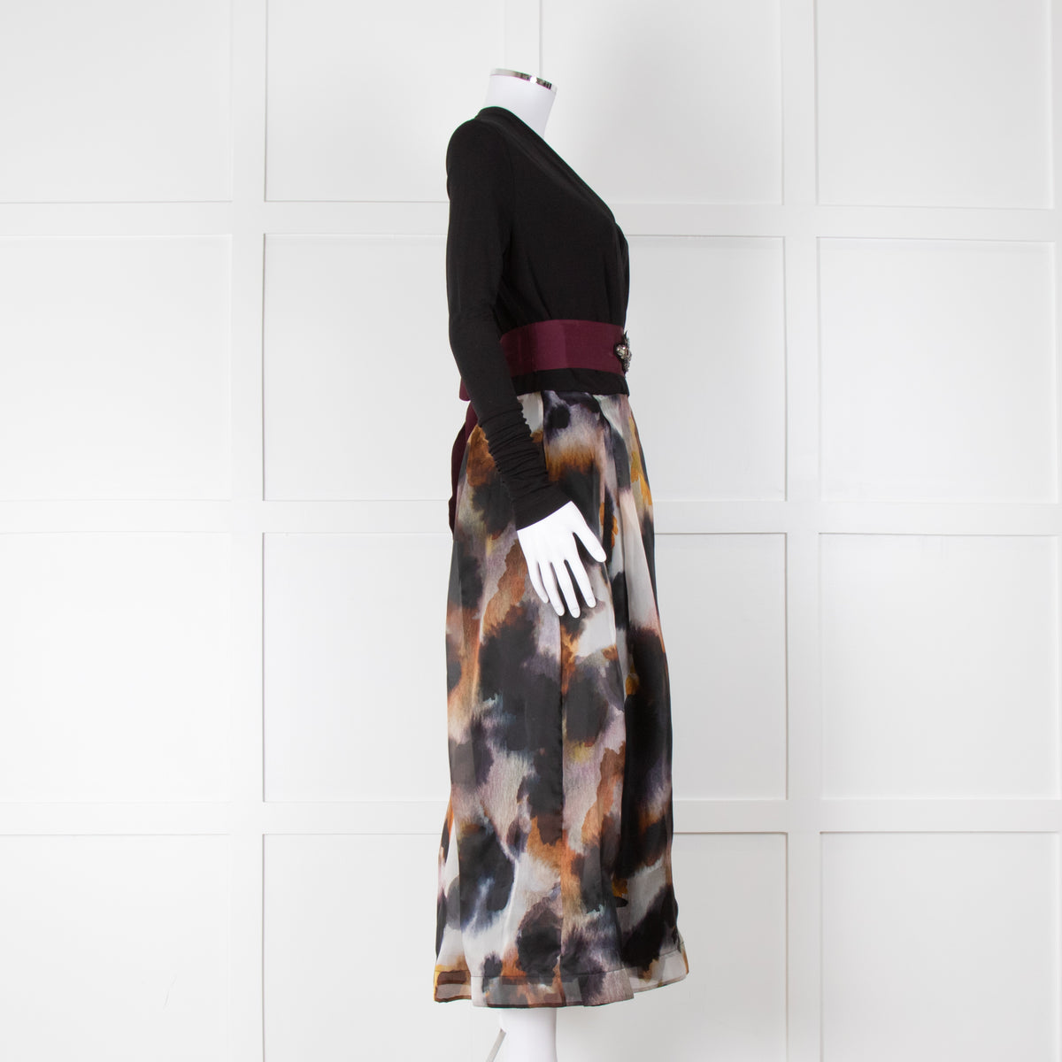 Sara Roka Black White Orange Print Organza Embellished Belt Midi Dress