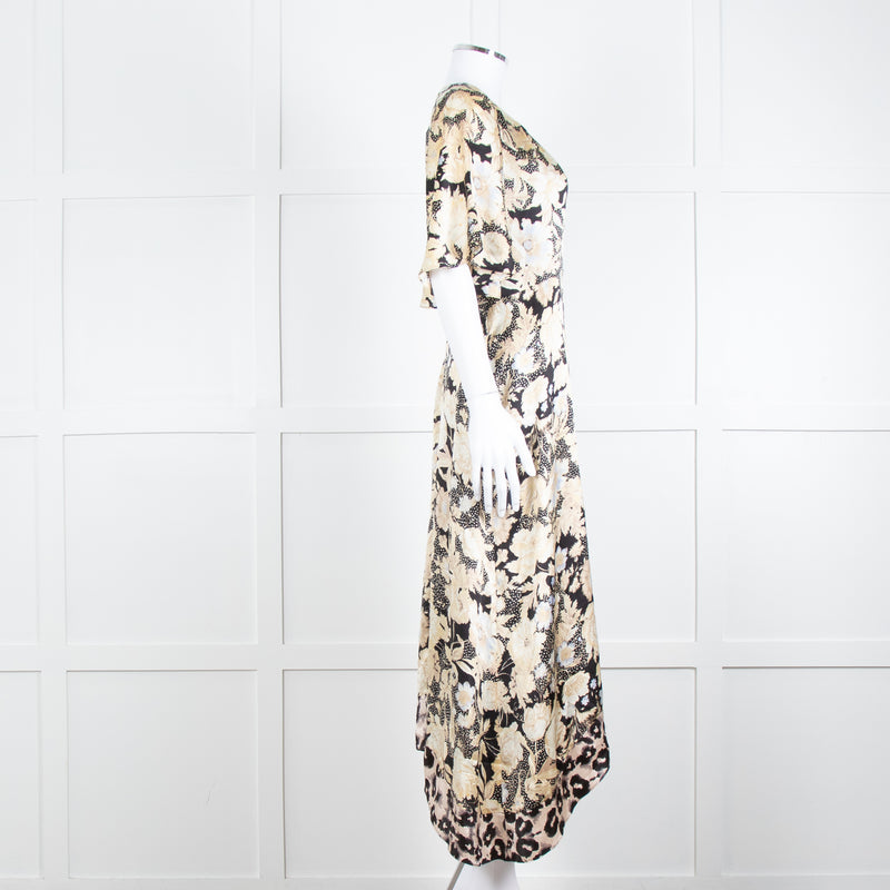 Rebecca Taylor Black Cream Floral Short Sleeves Silk Midi Dress