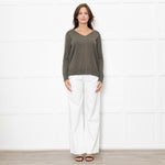 Le Tricot Perugia Green V Neck Jumper With Metallic Stripe