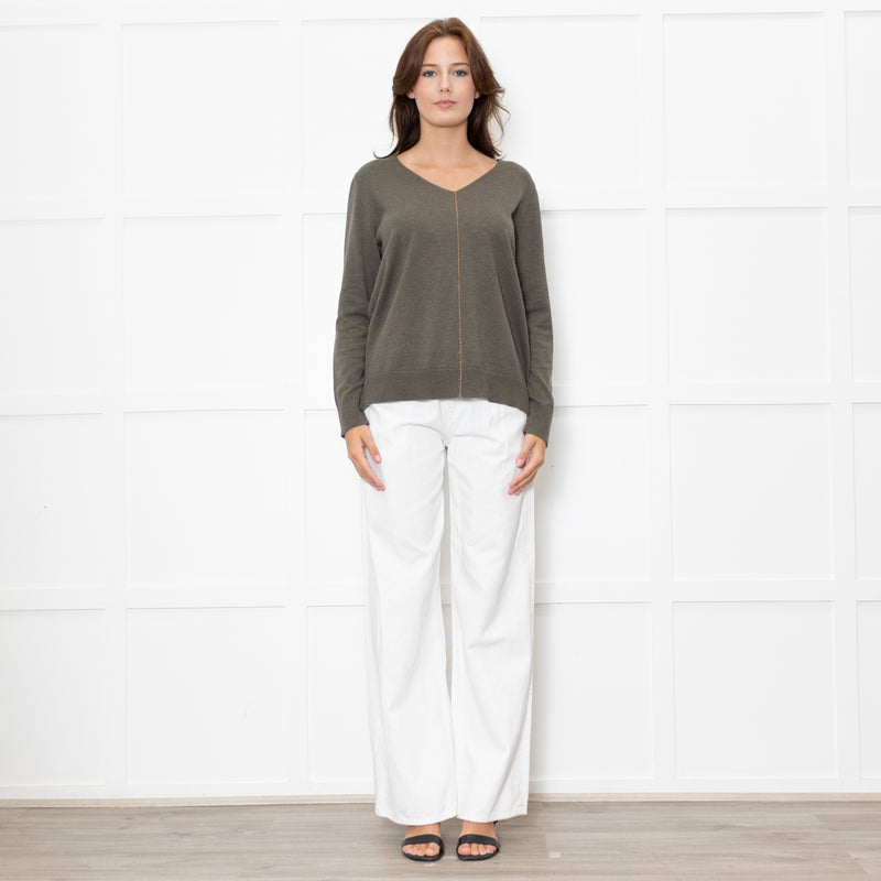 Le Tricot Perugia Green V Neck Jumper With Metallic Stripe