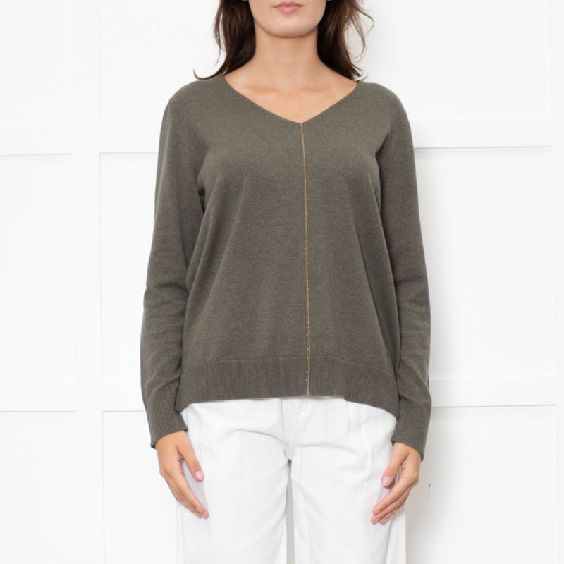 Le Tricot Perugia Green V Neck Jumper With Metallic Stripe