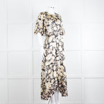 Rebecca Taylor Black Cream Floral Short Sleeves Silk Midi Dress