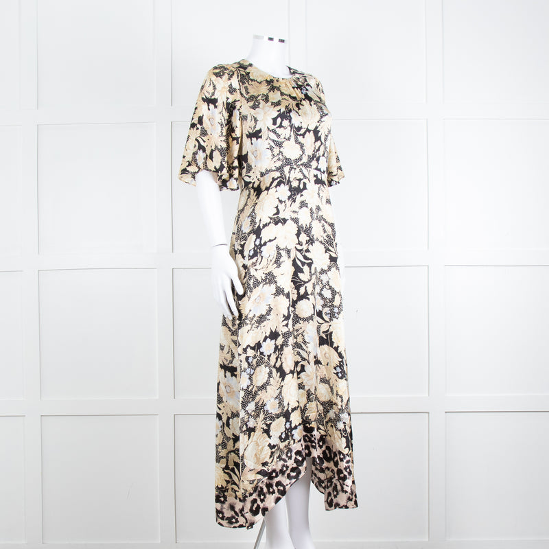 Rebecca Taylor Black Cream Floral Short Sleeves Silk Midi Dress