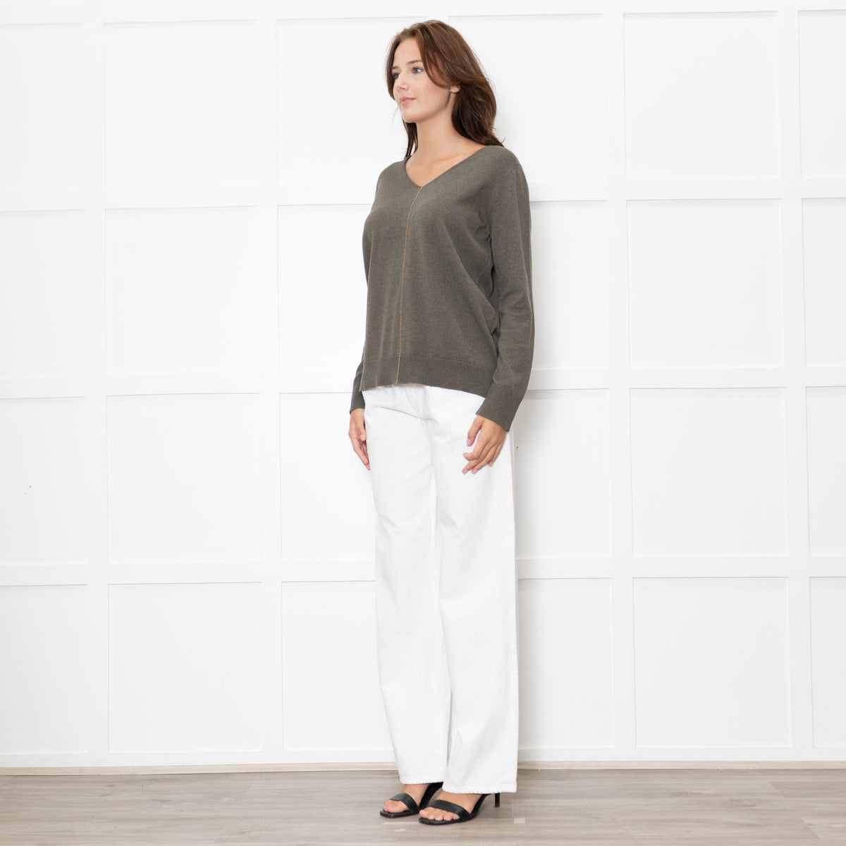 Le Tricot Perugia Green V Neck Jumper With Metallic Stripe