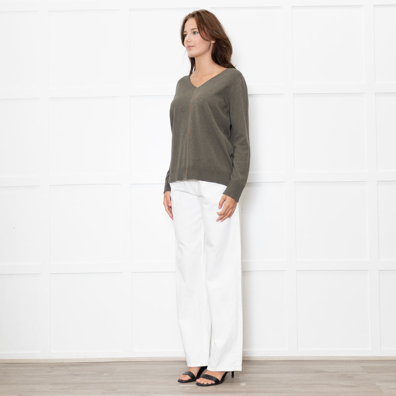 Le Tricot Perugia Green V Neck Jumper With Metallic Stripe