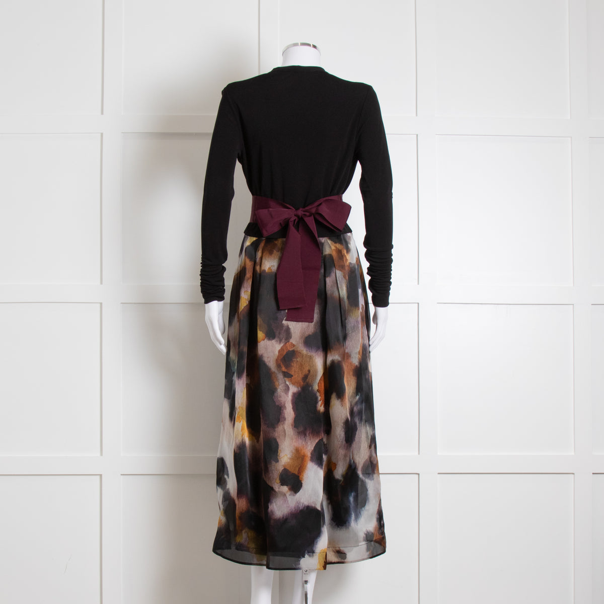 Sara Roka Black White Orange Print Organza Embellished Belt Midi Dress