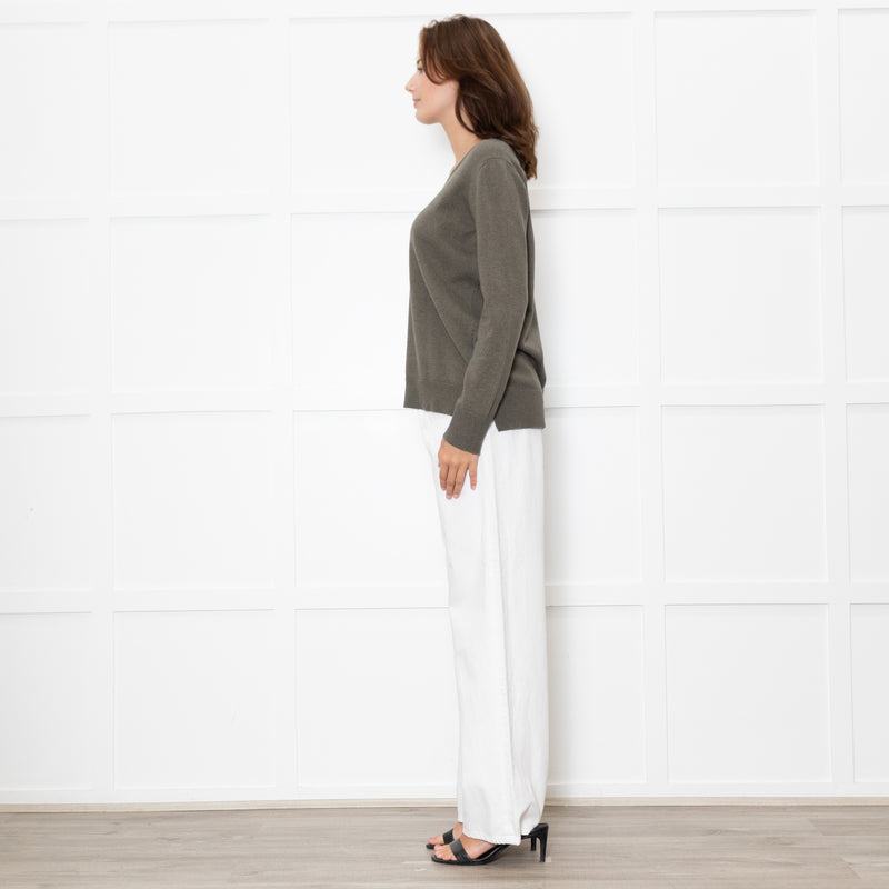 Le Tricot Perugia Green V Neck Jumper With Metallic Stripe