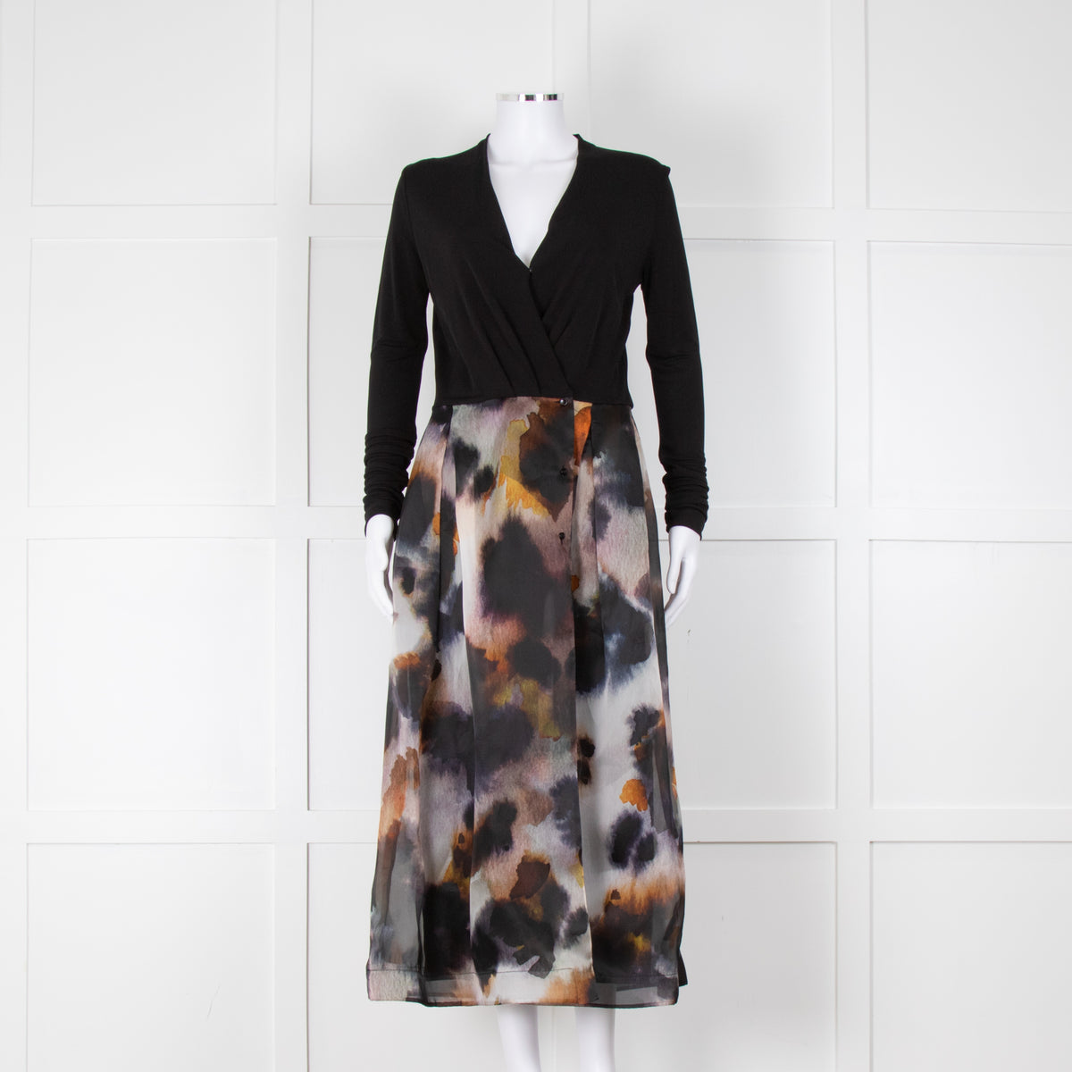 Sara Roka Black White Orange Print Organza Embellished Belt Midi Dress