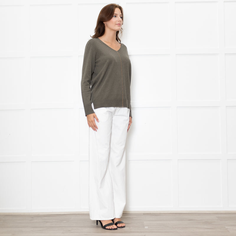 Le Tricot Perugia Green V Neck Jumper With Metallic Stripe