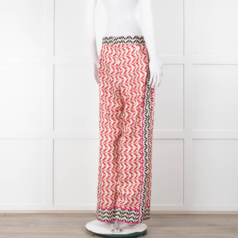Sandro Cream Red Black Pink Star Wave Print Trousers