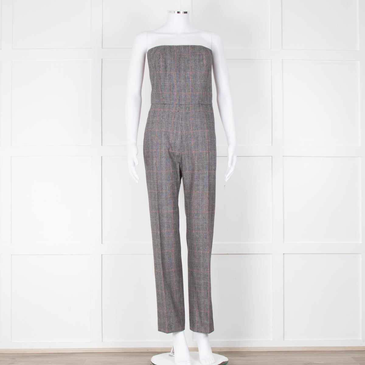Pallas Grey Red Check Wool Strapless Jumpsuit