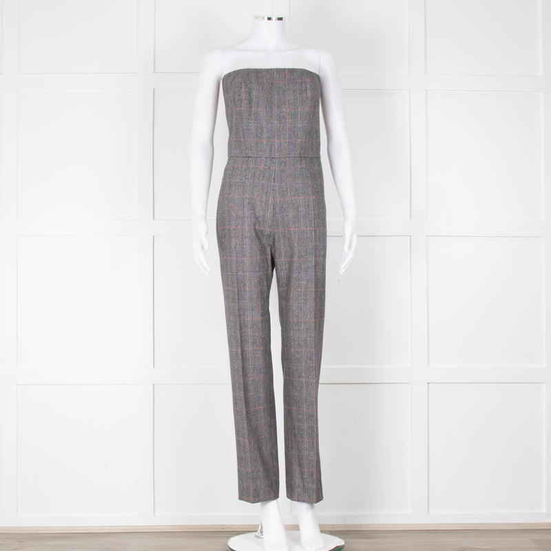 Pallas Grey Red Check Wool Strapless Jumpsuit