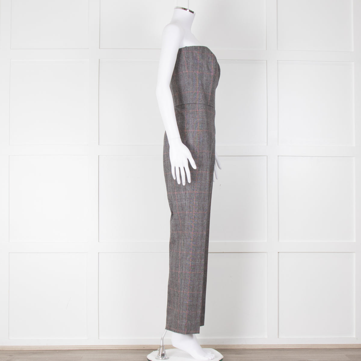 Pallas Grey Red Check Wool Strapless Jumpsuit
