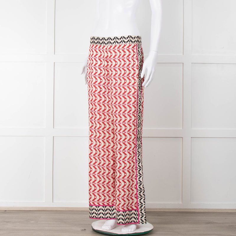 Sandro Cream Red Black Pink Star Wave Print Trousers