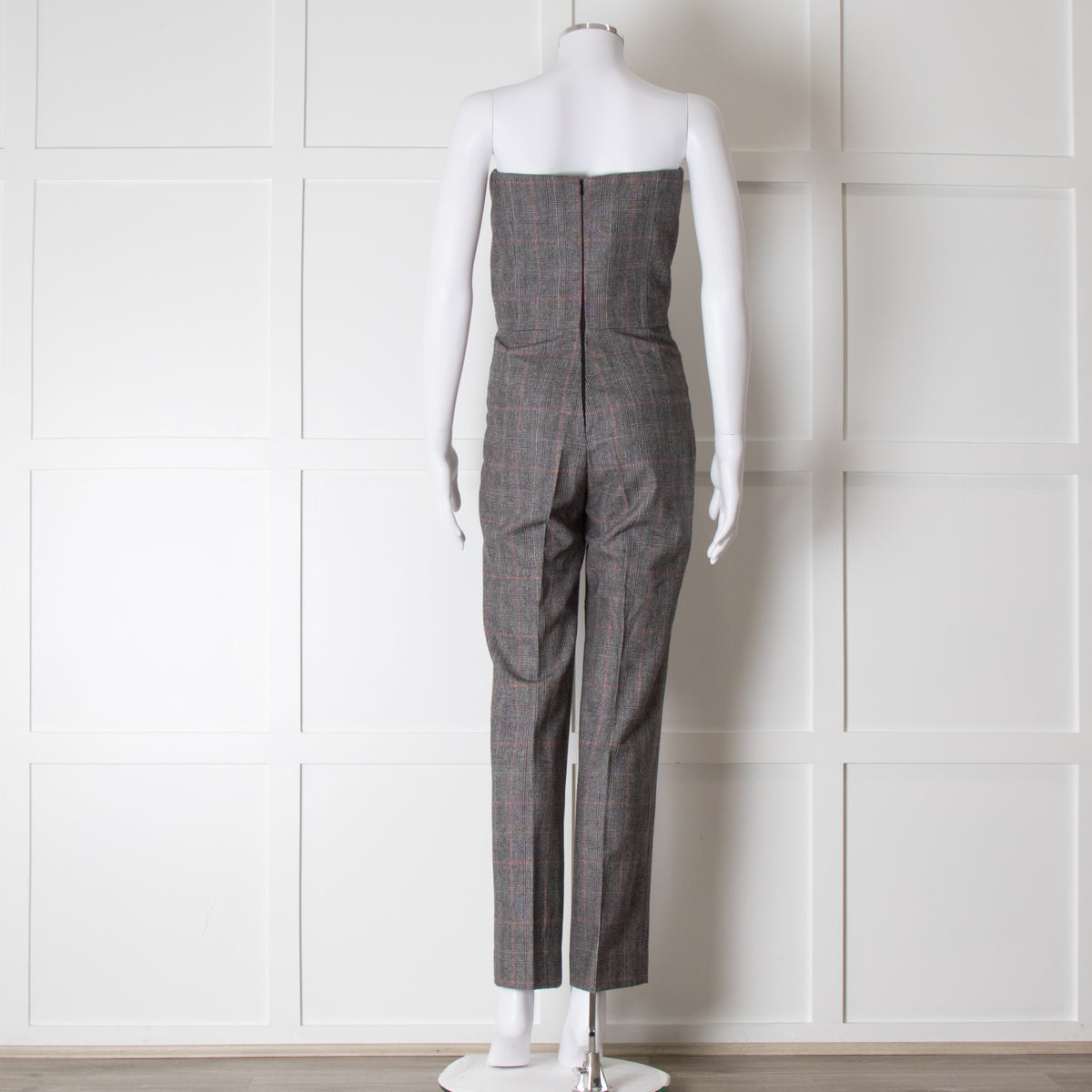 Pallas Grey Red Check Wool Strapless Jumpsuit