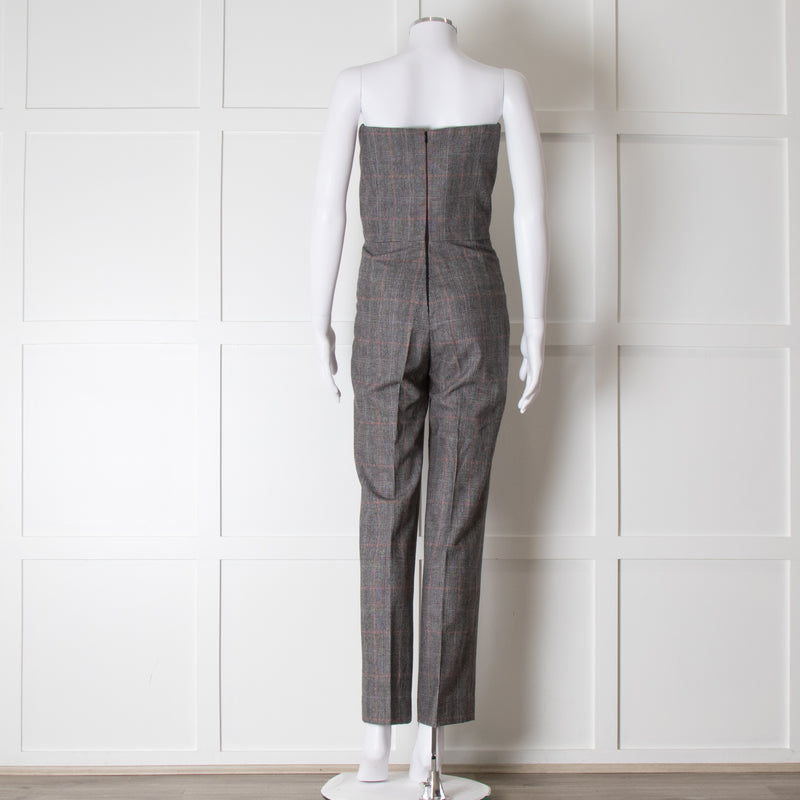 Pallas Grey Red Check Wool Strapless Jumpsuit