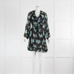 Zimmermann Black With Turquoise Flowers Silk Wraparound Dress With Slip