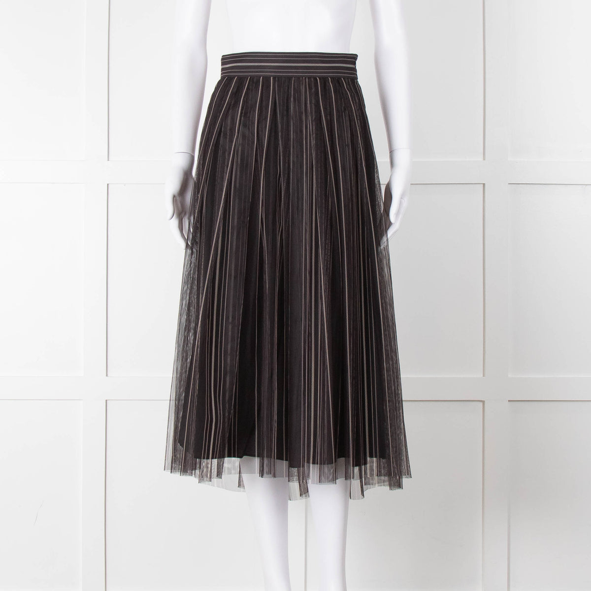 Brunello Cucinelli Black Grey Striped Tule Net Maxi Skirt