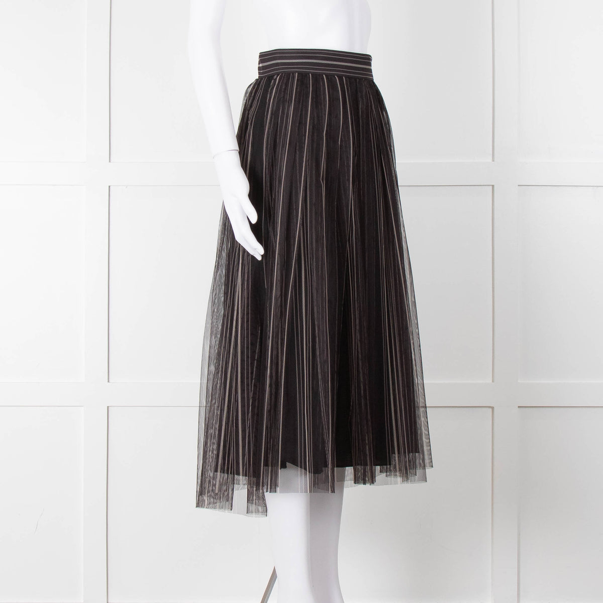 Brunello Cucinelli Black Grey Striped Tule Net Maxi Skirt