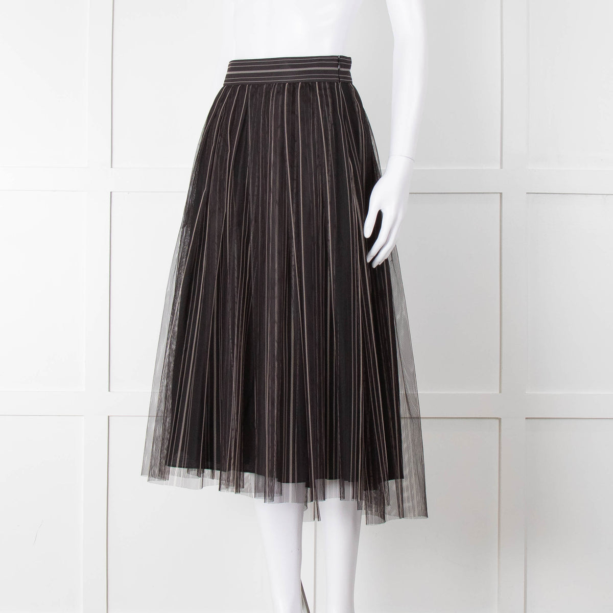 Brunello Cucinelli Black Grey Striped Tule Net Maxi Skirt