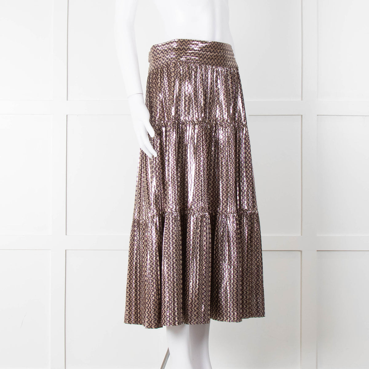 Ba & Sh Purple Gold Metallic Tiered Midi Skirt