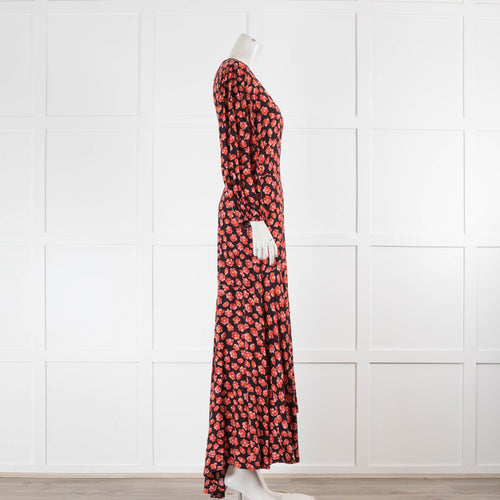 Ganni Black and Red Floral Maxi Wrap Dress