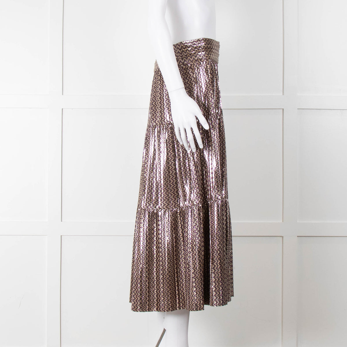 Ba & Sh Purple Gold Metallic Tiered Midi Skirt