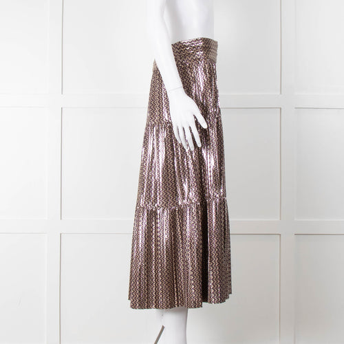 Ba & Sh Purple Gold Metallic Tiered Midi Skirt