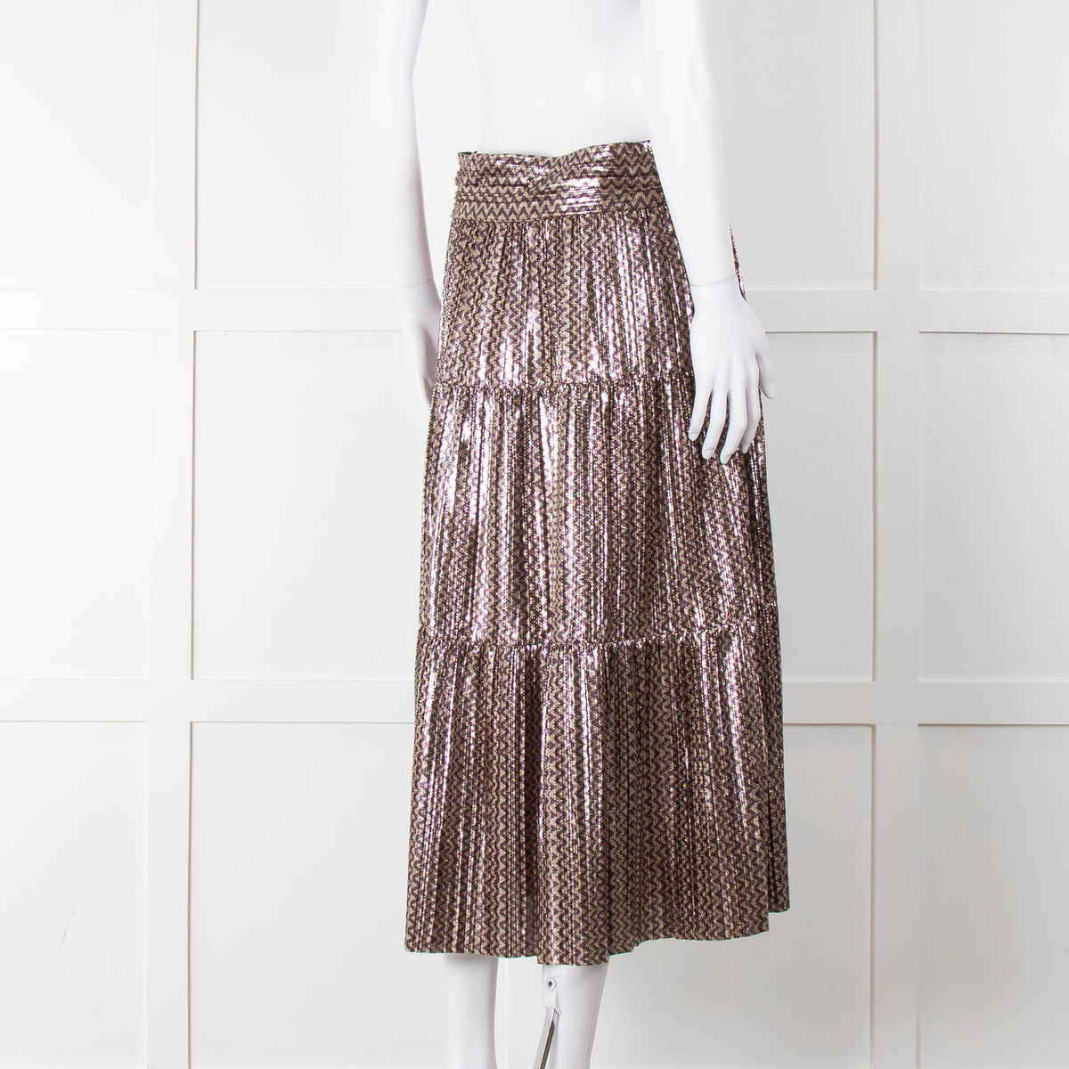 Ba & Sh Purple Gold Metallic Tiered Midi Skirt