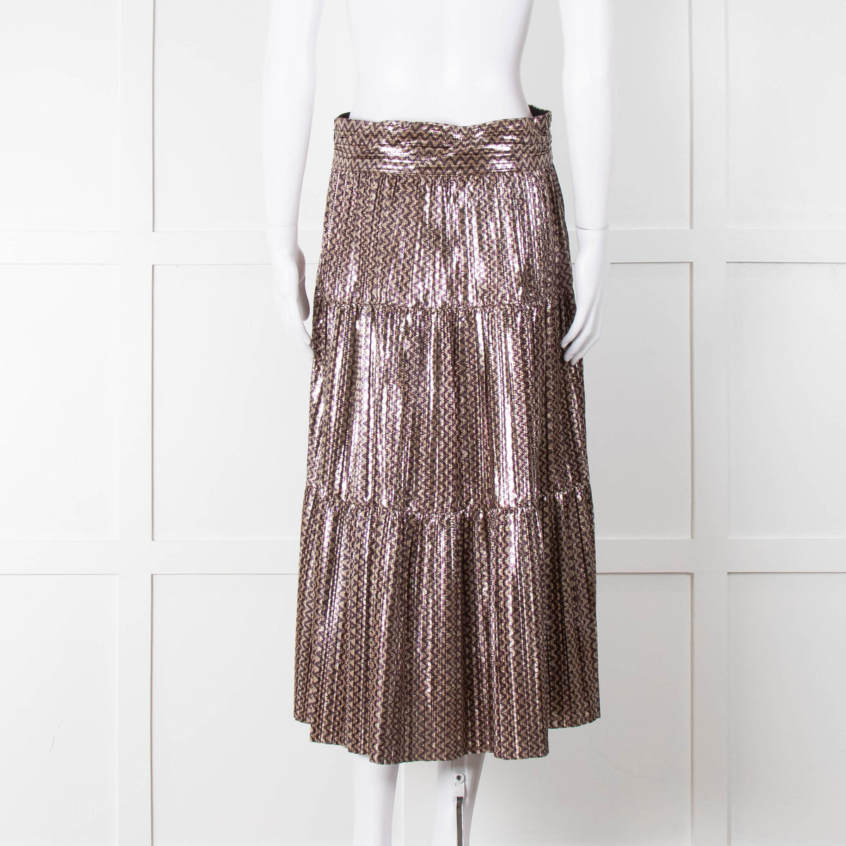 Ba & Sh Purple Gold Metallic Tiered Midi Skirt