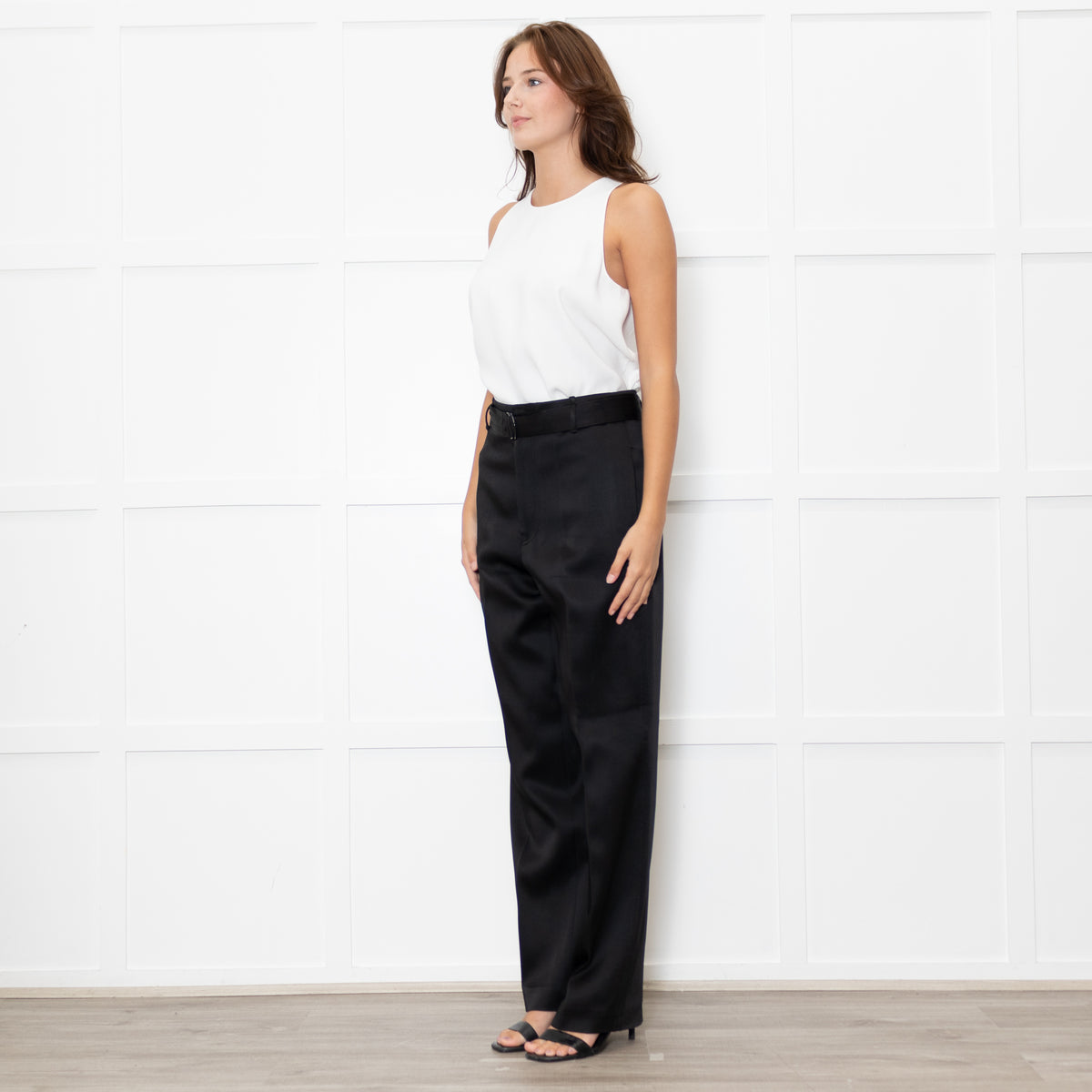 Joseph Black Satin High Waisted Belted Trousers