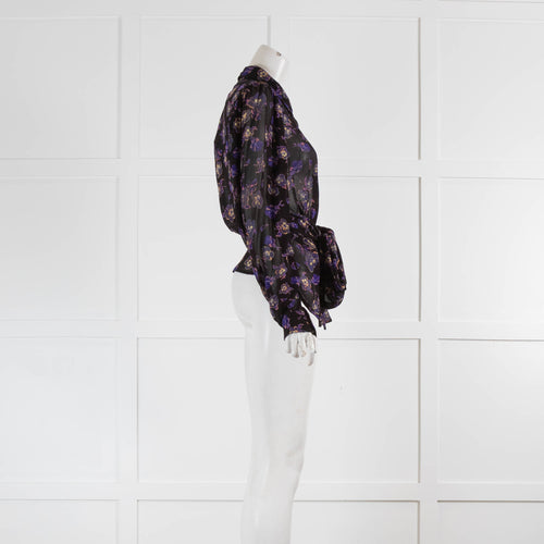 Ganni Dark Purple Flower Print Blouse with Neck Tie