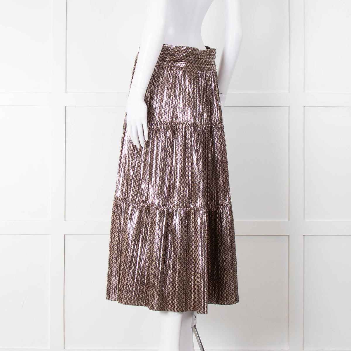 Ba & Sh Purple Gold Metallic Tiered Midi Skirt