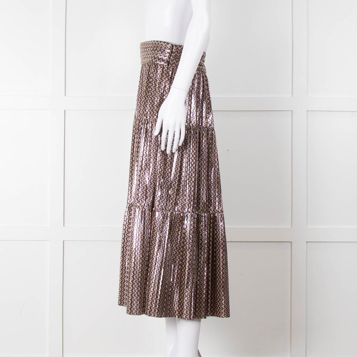 Ba & Sh Purple Gold Metallic Tiered Midi Skirt
