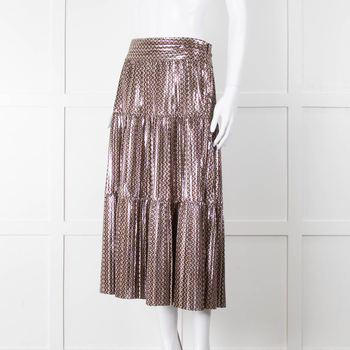 Ba & Sh Purple Gold Metallic Tiered Midi Skirt
