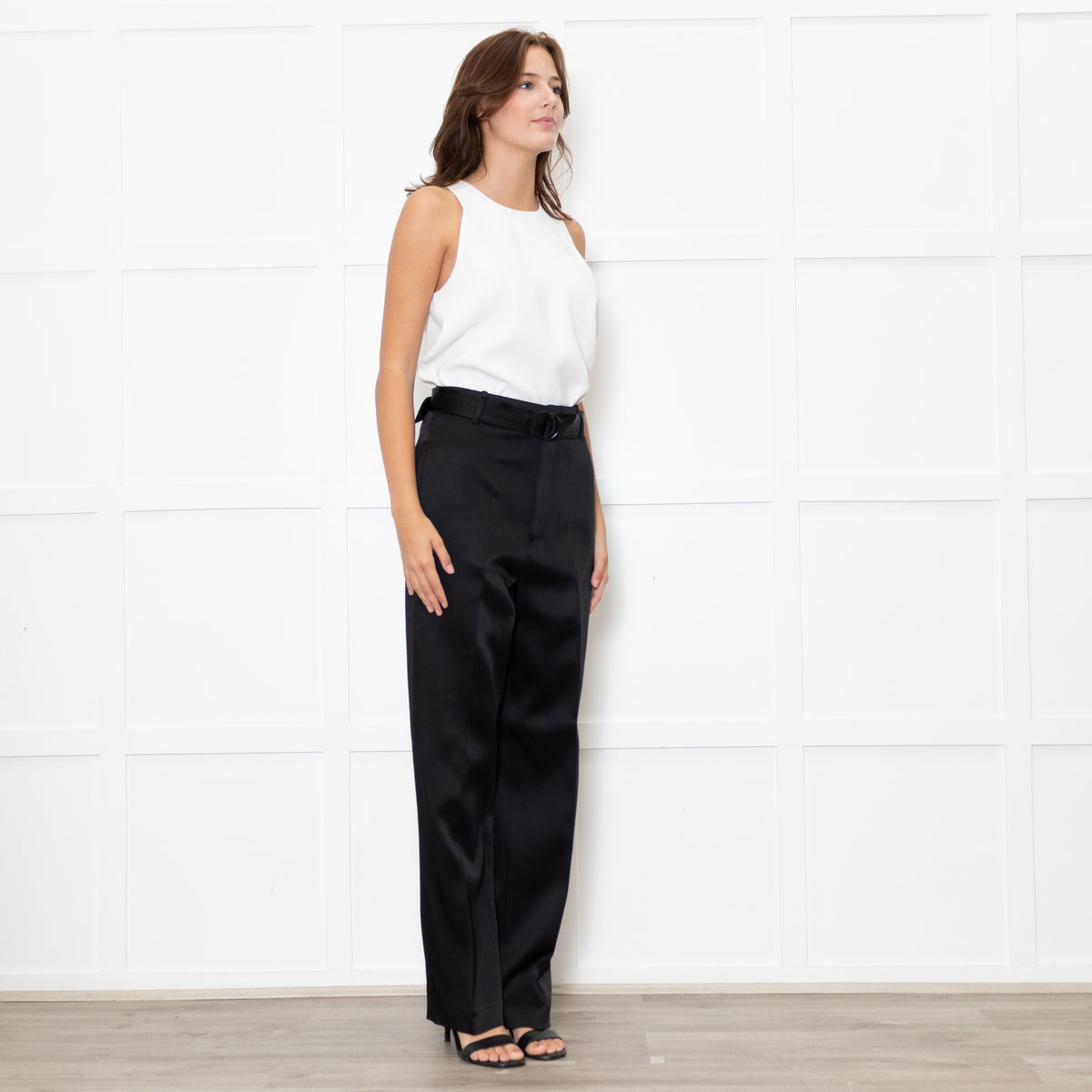 Joseph Black Satin High Waisted Belted Trousers